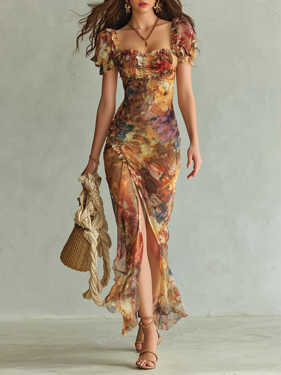 Abito Maxi Chiffon Stampa Olio Bohemien Arancione