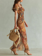 Abito Maxi Chiffon Stampa Olio Bohemien Arancione