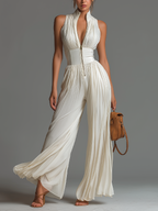 Tutina in chiffon senza maniche con scollo a V, zip e pantaloni a gamba larga