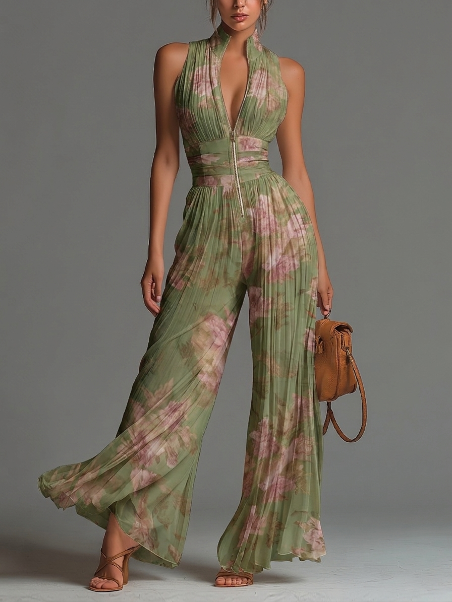 Tuta elegante floreale senza maniche con scollo a V