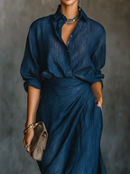 Vittoria - Set di Camicia Elegante in Cotone e Lino Blu Scuro