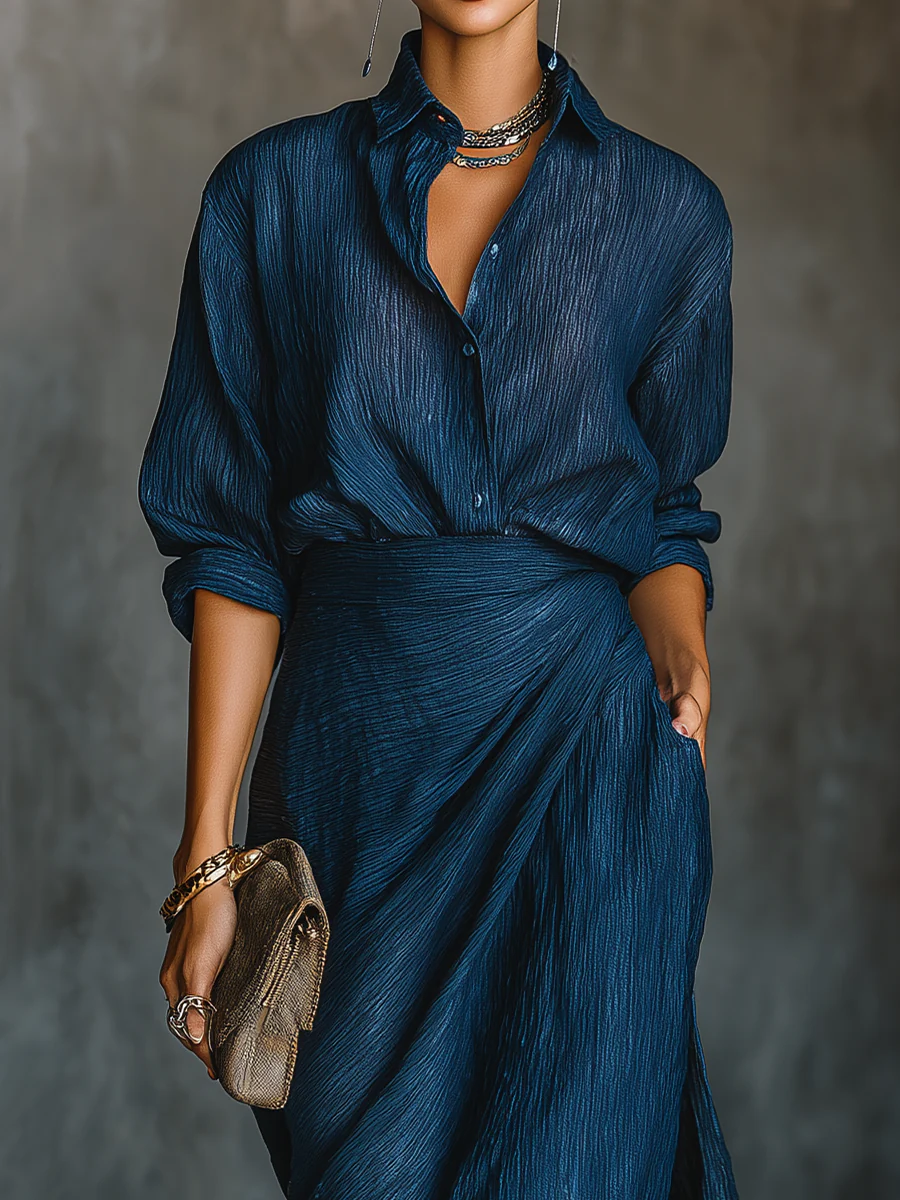 Vittoria - Set di Camicia Elegante in Cotone e Lino Blu Scuro