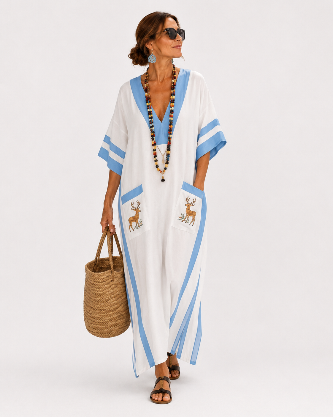 Caftano Bianco con Righe Blu