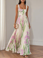 Abito Maxi Bianco Pieghettato con Fiori
