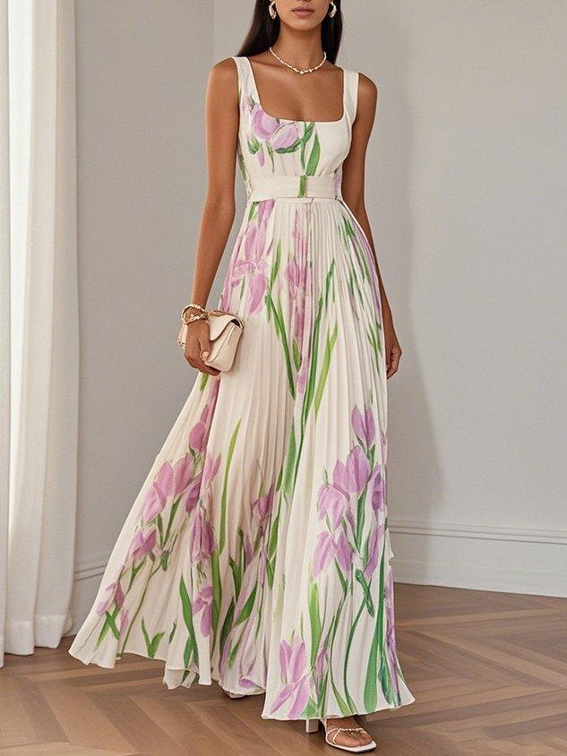 Abito Maxi Bianco Pieghettato con Fiori