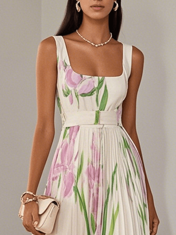 Abito Maxi Bianco Pieghettato con Fiori