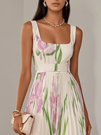 Abito Maxi Bianco Pieghettato con Fiori