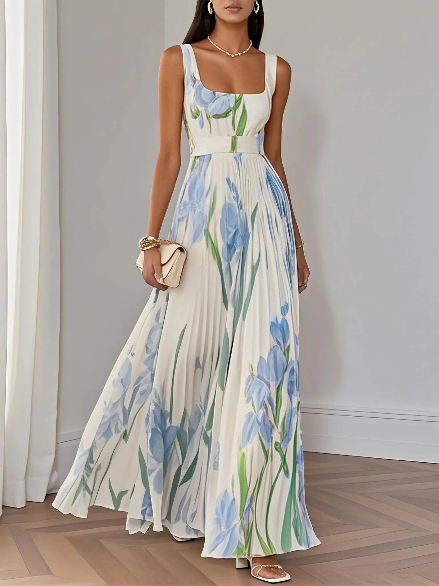 Abito Maxi Bianco Pieghettato con Fiori