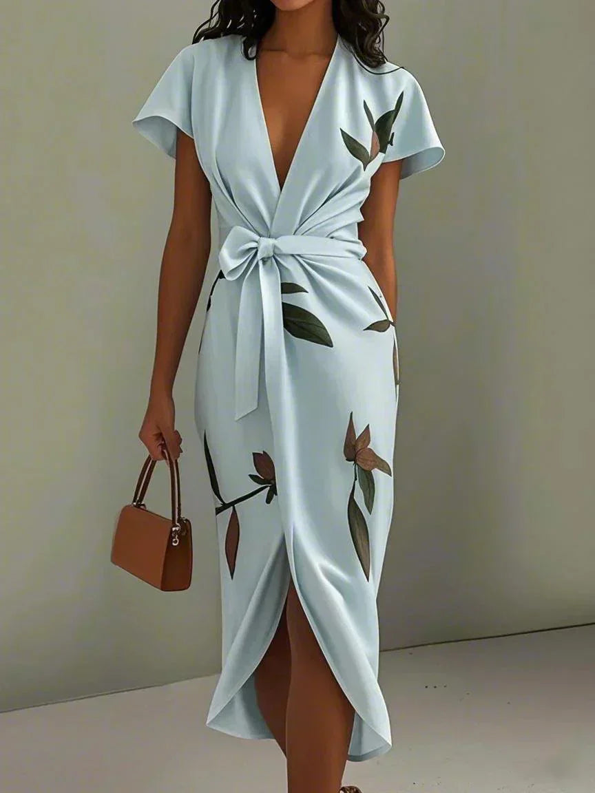 Abito Wrap Elegante con Stampa di Foglie