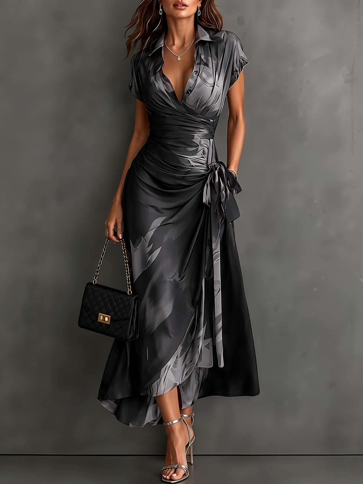 Ela - Vestito Midi Avvolgente Astratto Rosso e Nero con Collo a Camicia