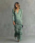 Abito midi elegante con maniche a frange
