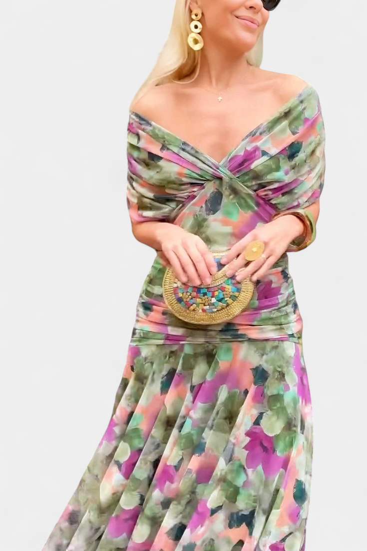 Vestito Lungo Floreale con Scollatura a V