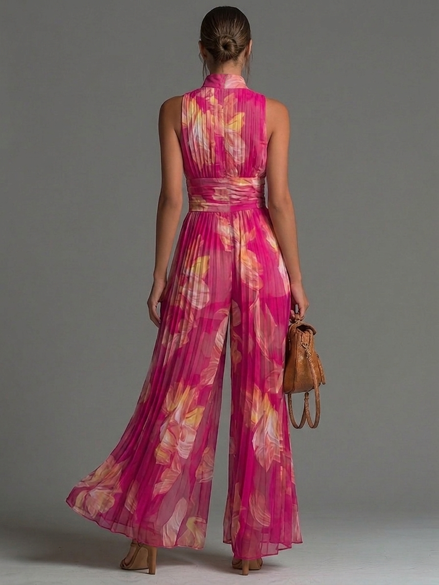Tuta elegante floreale senza maniche con scollo a V