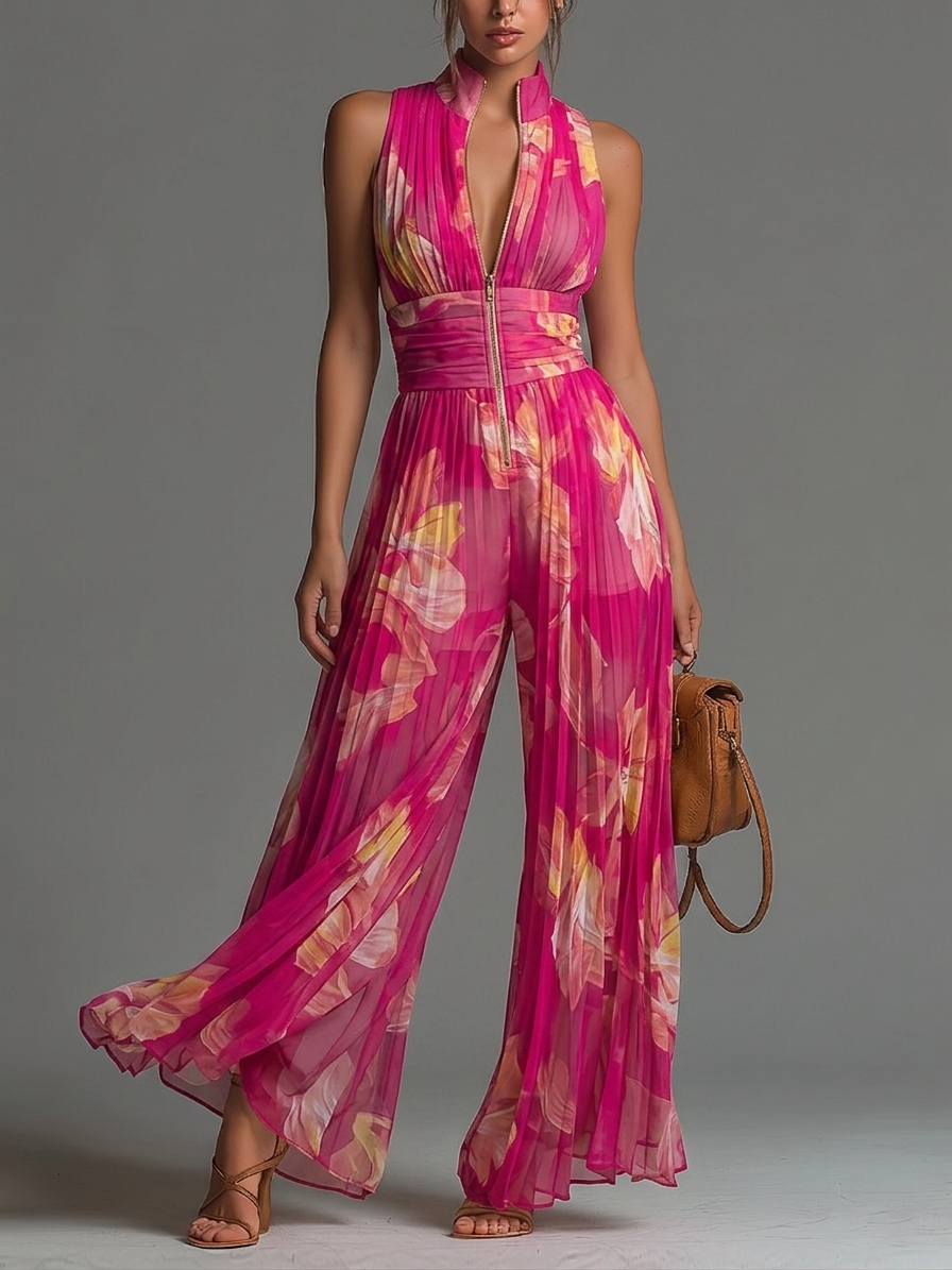 Tuta elegante floreale senza maniche con scollo a V