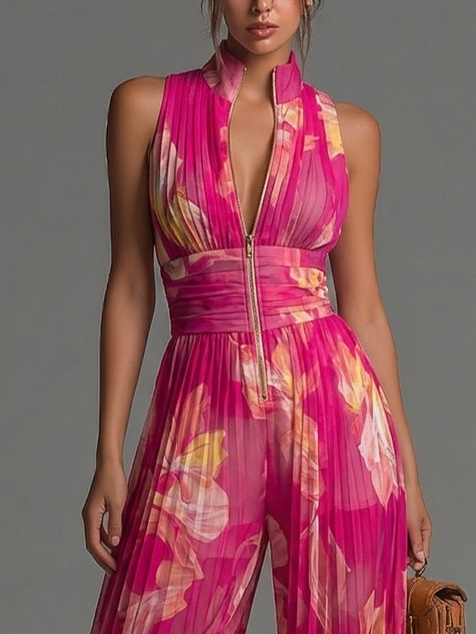 Tuta elegante floreale senza maniche con scollo a V