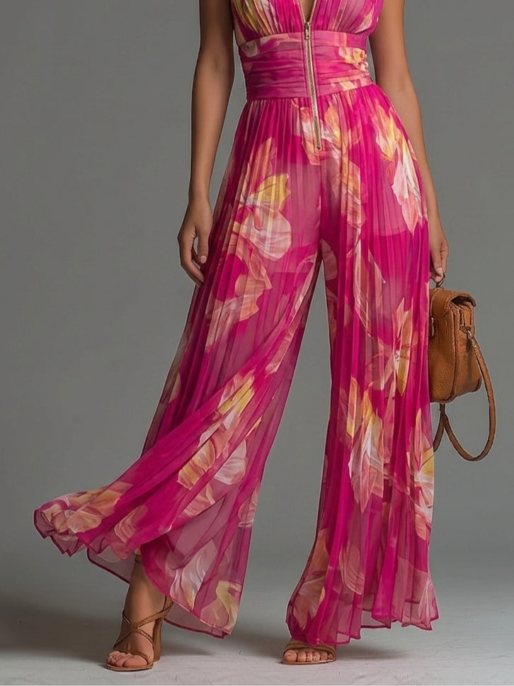 Tuta elegante floreale senza maniche con scollo a V