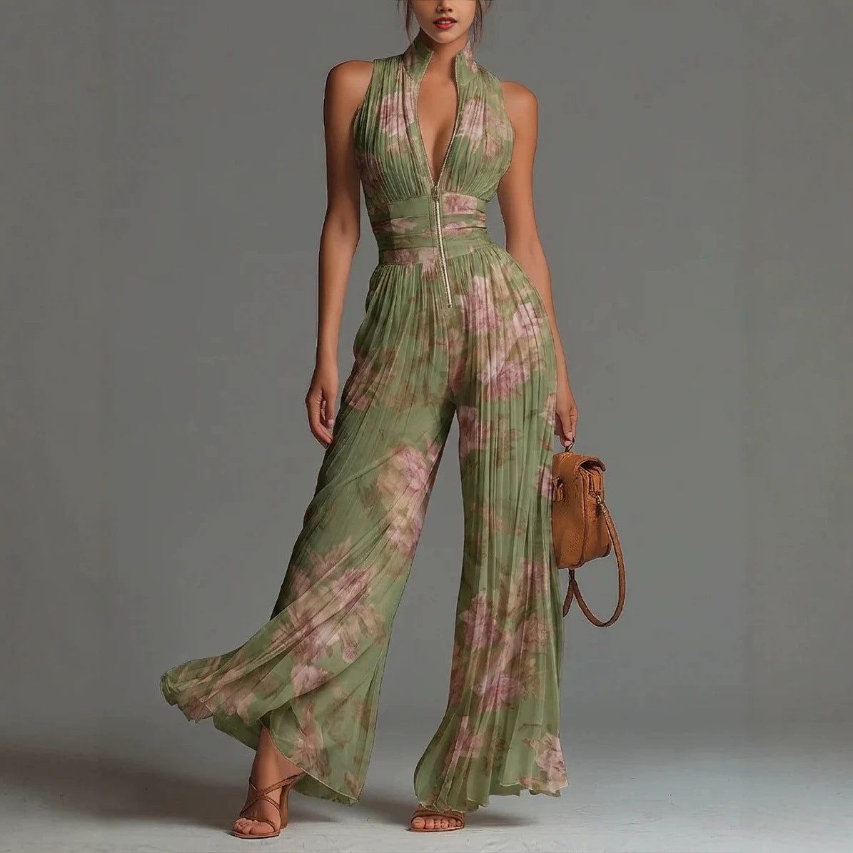 Tuta elegante floreale senza maniche con scollo a V