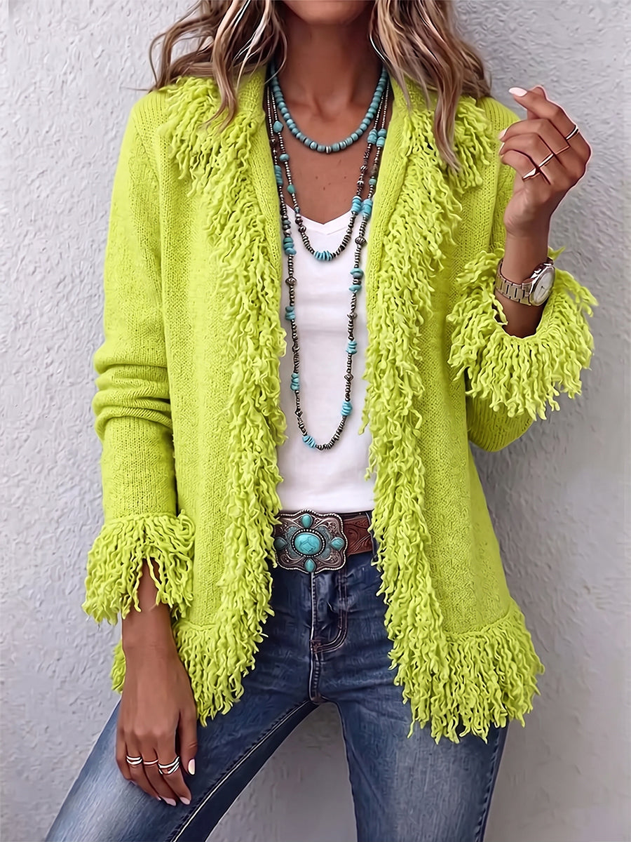 Cardigan Boho con Frange in Chartreuse Vivace
