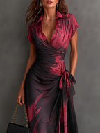 Ela - Vestito Midi Avvolgente Astratto Rosso e Nero con Collo a Camicia