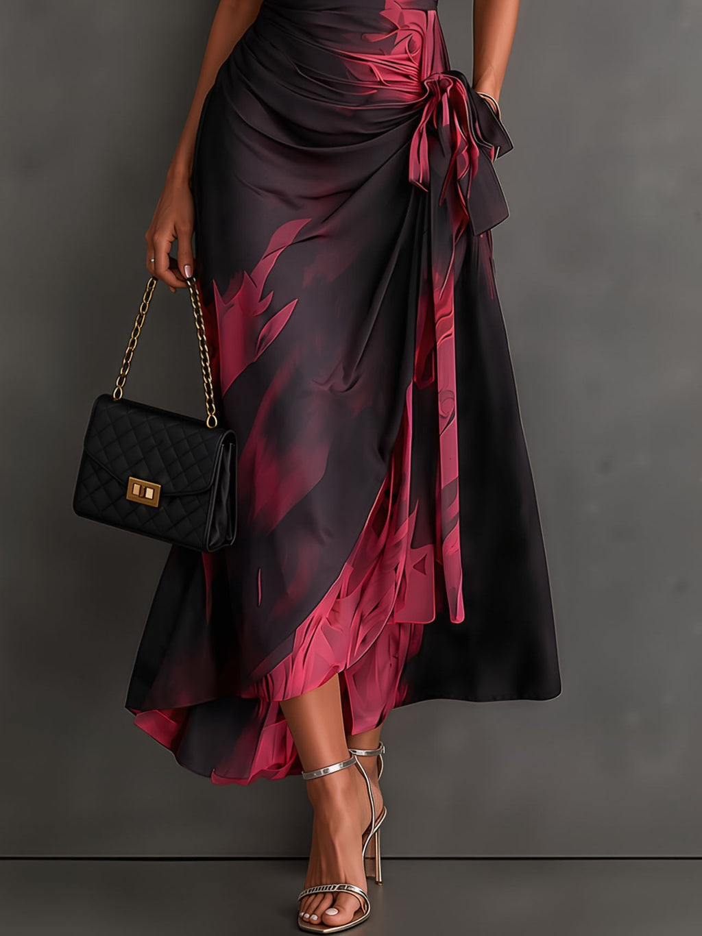 Ela - Vestito Midi Avvolgente Astratto Rosso e Nero con Collo a Camicia