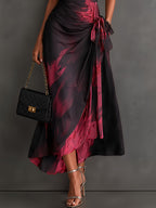 Ela - Vestito Midi Avvolgente Astratto Rosso e Nero con Collo a Camicia