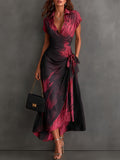 Ela - Vestito Midi Avvolgente Astratto Rosso e Nero con Collo a Camicia