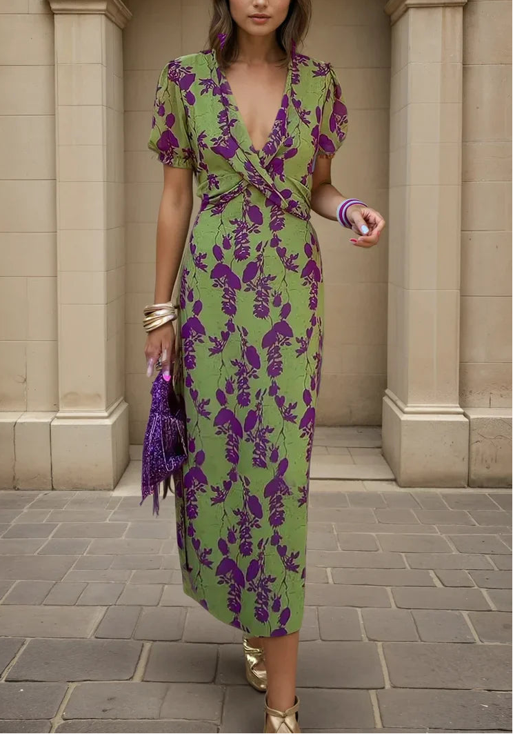 Abito elegante verde con stampa di fiori viola