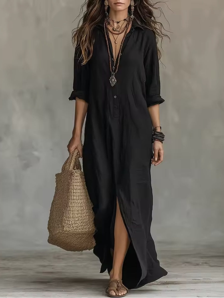 Vestito lungo nero ampio con bottoni